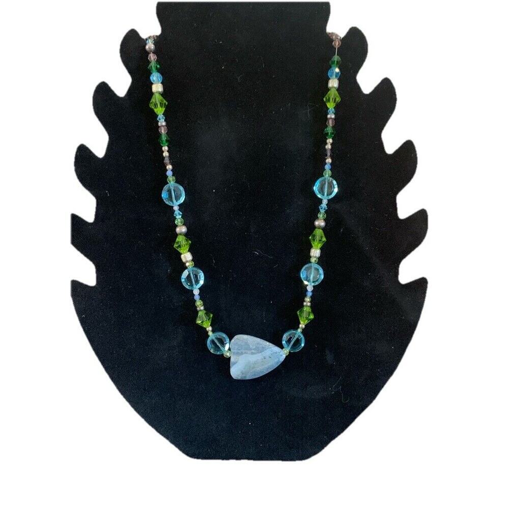 Art Glass And Rhinestone Beaded Aqua Blue And Green Beaded Necklace Sparkle